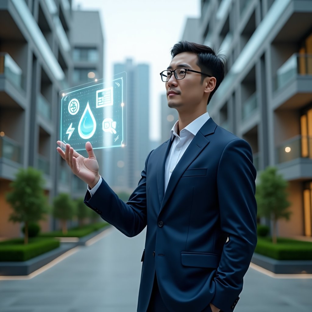 (Ultra-realistic property manager in a navy blue suit, set in a modern luxury condominium environment with high-rise buildings and green landscaping, standing in a mid shot while interacting with a holographic display of water droplet, energy bolt and leaf icons symbolizing cost reduction, confident and thoughtful expression, cinematic lighting, shallow depth of field, highly detailed textures, realistic skin, photographic realism, 8k resolution --ar 1:1 --v 6)