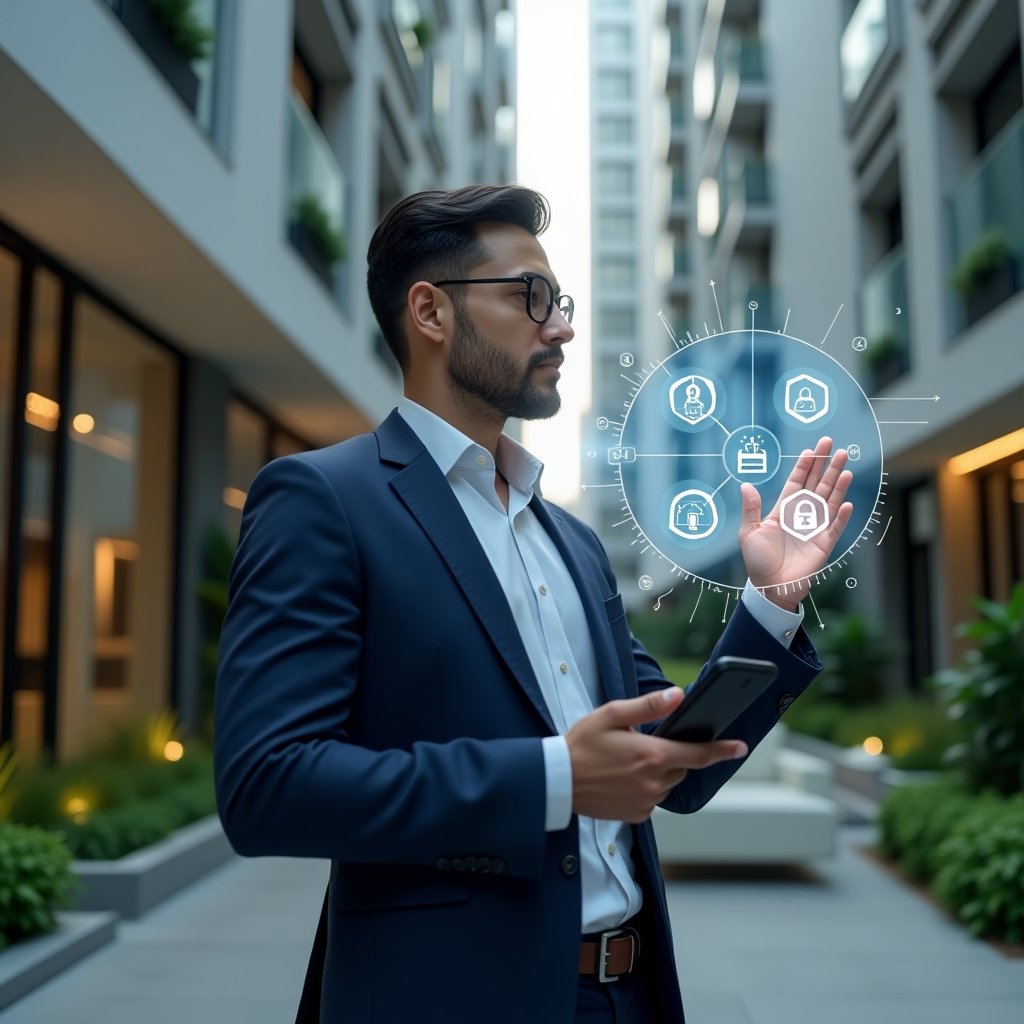 Ultra-realistic condominium manager in a tailored navy-blue suit, set in a modern luxury condominium environment with high-rise buildings and manicured green landscaping, focused on interacting with a hovering holographic dashboard of a management app showing icons for communication, task automation, area reservations, security locks and financial charts, cinematic lighting, shallow depth of field, highly detailed textures, realistic skin, photographic realism, 8k resolution --ar 1:1 --v 6