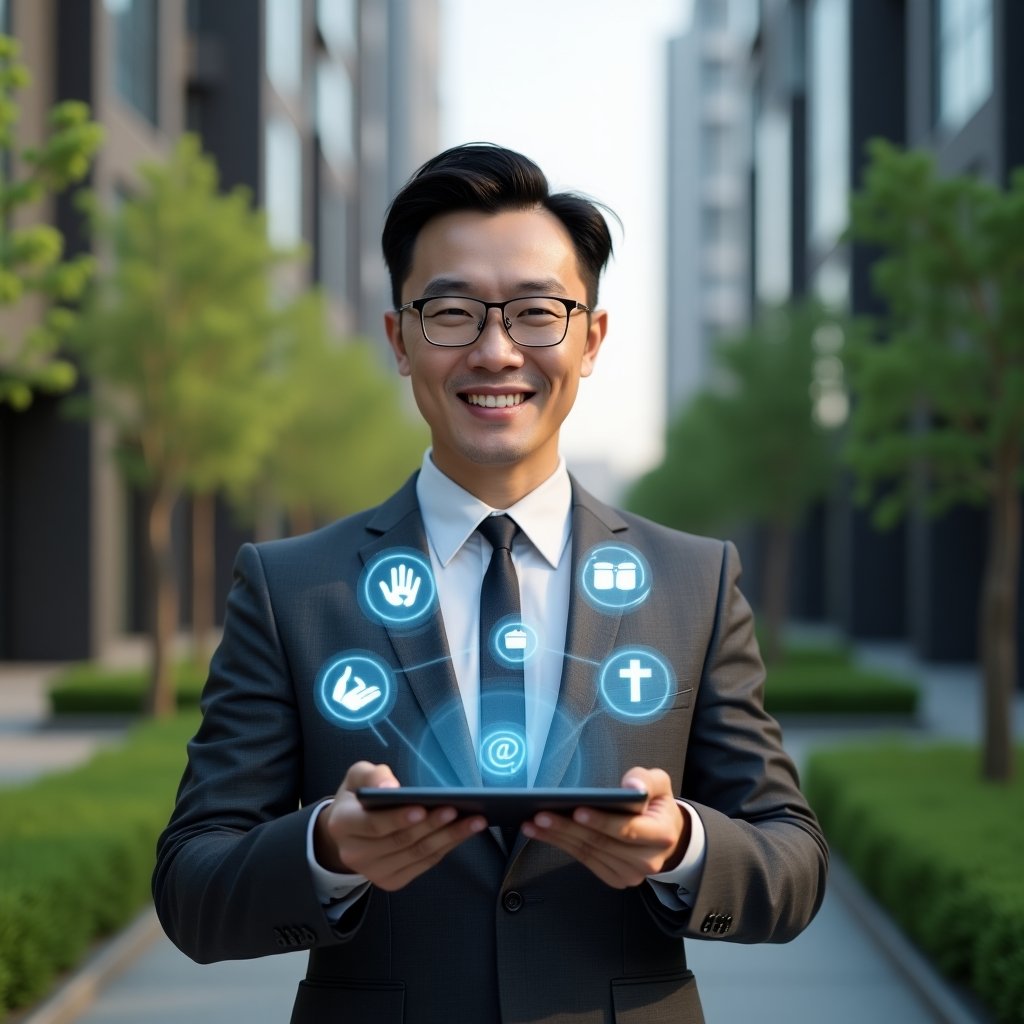Ultra-realistic condominium manager in a charcoal gray suit, set in a modern luxury condominium environment with high-rise buildings and lush green landscaping, holding a tablet with floating holographic icons representing harmony, silence and cleanliness, confidently smiling and engaging, cinematic lighting, shallow depth of field, highly detailed textures, realistic skin, photographic realism, 8k resolution --ar 1:1 --v 6
