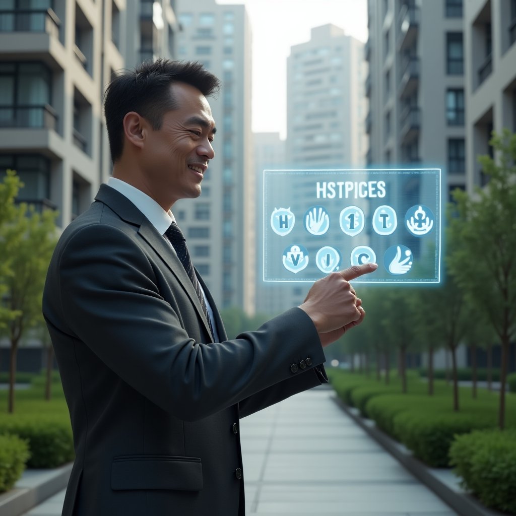(Ultra-realistic condominium manager in a dark gray tailored suit, set in a modern luxury condominium environment with high-rise buildings and well-kept green landscaping, pointing at a holographic interface with ten numbered icons representing the 10 commandments of peaceful coexistence, confident and friendly expression, floating holographic handshake and dove symbols, cinematic lighting, shallow depth of field, highly detailed textures, realistic skin, photographic realism, 8k resolution --ar 1:1 --v 6)