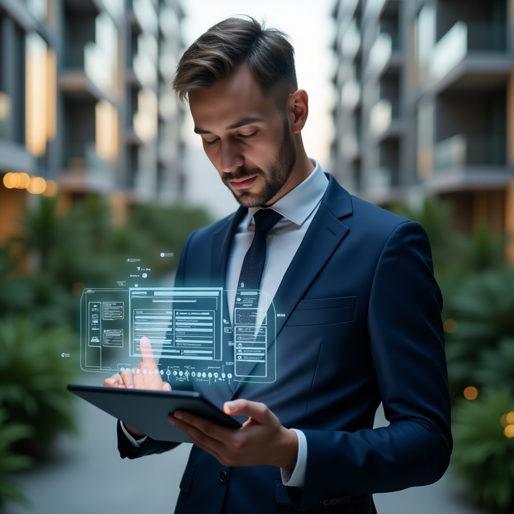 (Ultra-realistic condominium manager in a navy blue tailored suit, set in a modern luxury condominium environment with high-rise buildings and lush green landscaping, analyzing a holographic schedule interface on a tablet with floating task icons and timeline charts, confident and focused expression, cinematic lighting, shallow depth of field, highly detailed textures, realistic skin, photographic realism, 8k resolution --ar 1:1 --v 6)