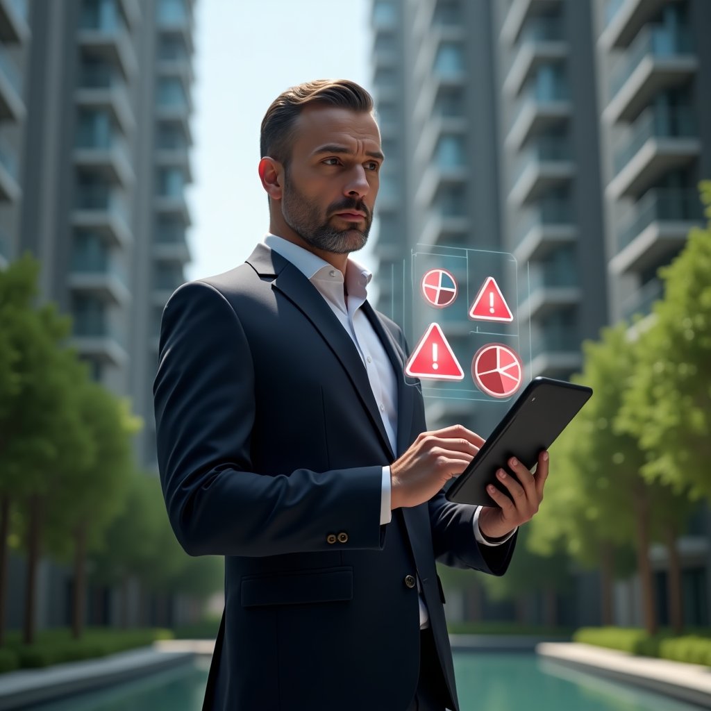 Ultra-realistic condominium manager professional in a dark navy suit, set in a modern luxury condominium environment with high-rise buildings and lush green landscaping, medium shot of the manager holding a tablet displaying floating holographic warning icons and financial charts highlighting errors, serious and focused expression, floating red warning symbols and transparent 3D pie charts as symbolic elements, cinematic lighting, shallow depth of field, highly detailed textures, realistic skin, photographic realism, 8k resolution --ar 1:1 --v 6