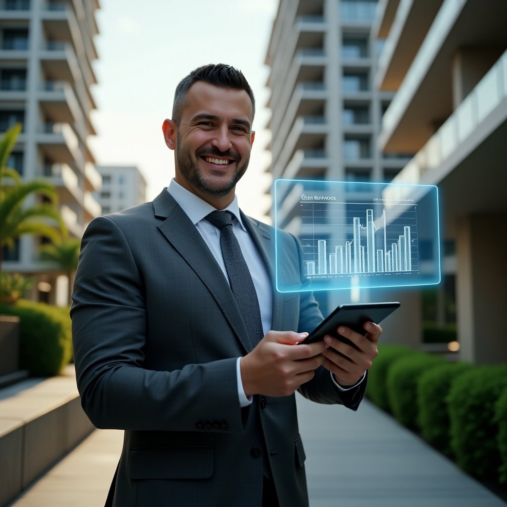 Ultra-realistic condominium manager in a charcoal grey tailored suit, set in a modern luxury condominium environment with high-rise buildings and manicured green landscaping, medium shot of the manager smiling confidently while holding a tablet projecting a holographic condominium app interface with clear financial statements, cinematic lighting, shallow depth of field, highly detailed textures, realistic skin, photographic realism, 8k resolution --ar 1:1 --v 6