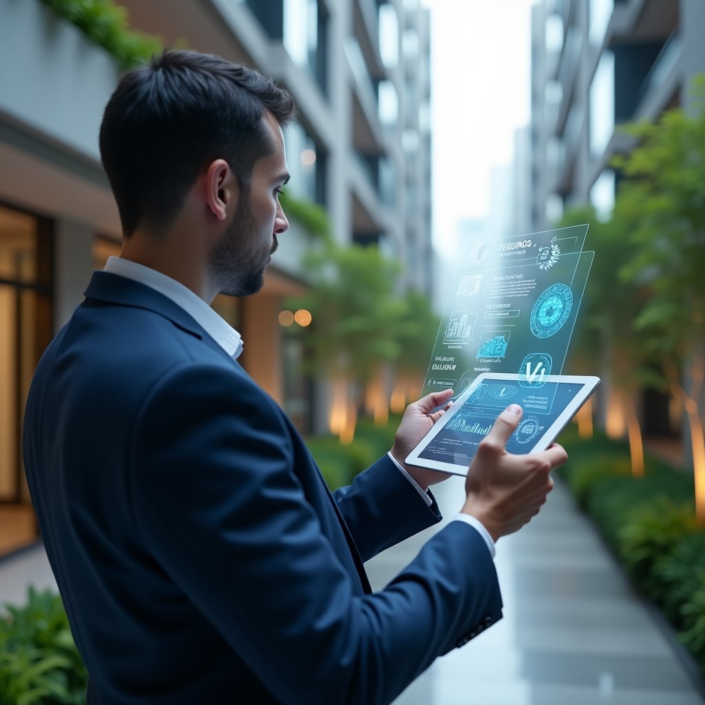 (Ultra-realistic condominium manager in a navy blue executive suit, set in a modern luxury condominium environment with high-rise buildings and lush green landscaping, holding a transparent digital tablet displaying holographic warning icons and financial charts, thoughtfully pointing at a floating checklist hologram, subtle floating exclamation marks and gears symbolizing operational errors, cinematic lighting, shallow depth of field, highly detailed textures, realistic skin, photographic realism, 8k resolution --ar 1:1 --v 6)