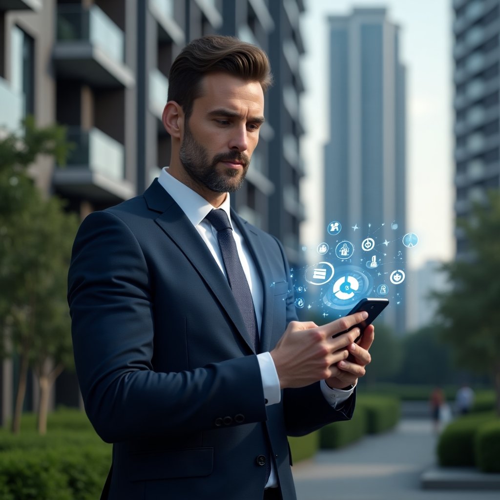 (Ultra-realistic condominium manager in a navy blue suit, set in a modern luxury condominium environment with high-rise buildings and meticulously landscaped gardens, holding a smartphone displaying a glowing management app interface, surrounded by floating holographic icons for notifications, finances, and maintenance requests, with a confident, forward-looking expression, cinematic lighting, shallow depth of field, highly detailed textures, realistic skin, photographic realism, 8k resolution --ar 1:1 --v 6)