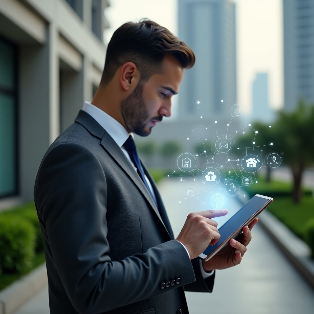 Ultra-realistic condominium manager in a charcoal gray executive suit, set in a modern luxury condominium environment with high-rise buildings and manicured green landscaping, confidently reviewing a floating holographic condominium management app interface on a sleek tablet, surrounded by icons for communication, finance and service requests, cinematic lighting, shallow depth of field, highly detailed textures, realistic skin, photographic realism, 8k resolution --ar 1:1 --v 6