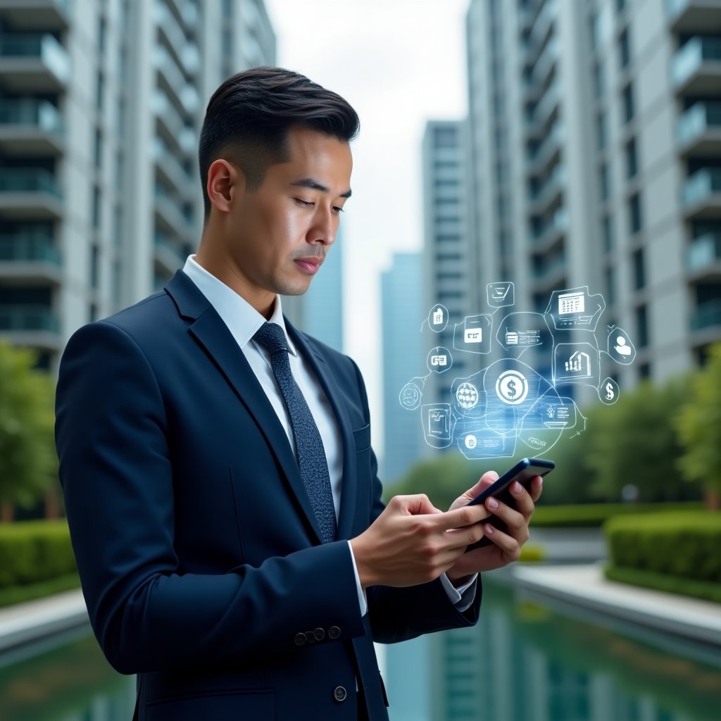(Ultra-realistic condominium manager in a navy suit, set in a modern luxury condominium environment with high-rise buildings and green landscaping, examining a smartphone screen displaying a digital management app interface, holographic icons of notifications, payment charts, visitor logs, and calendar overlays floating around, confident and thoughtful expression, cinematic lighting, shallow depth of field, highly detailed textures, realistic skin, photographic realism, 8k resolution --ar 1:1 --v 6)