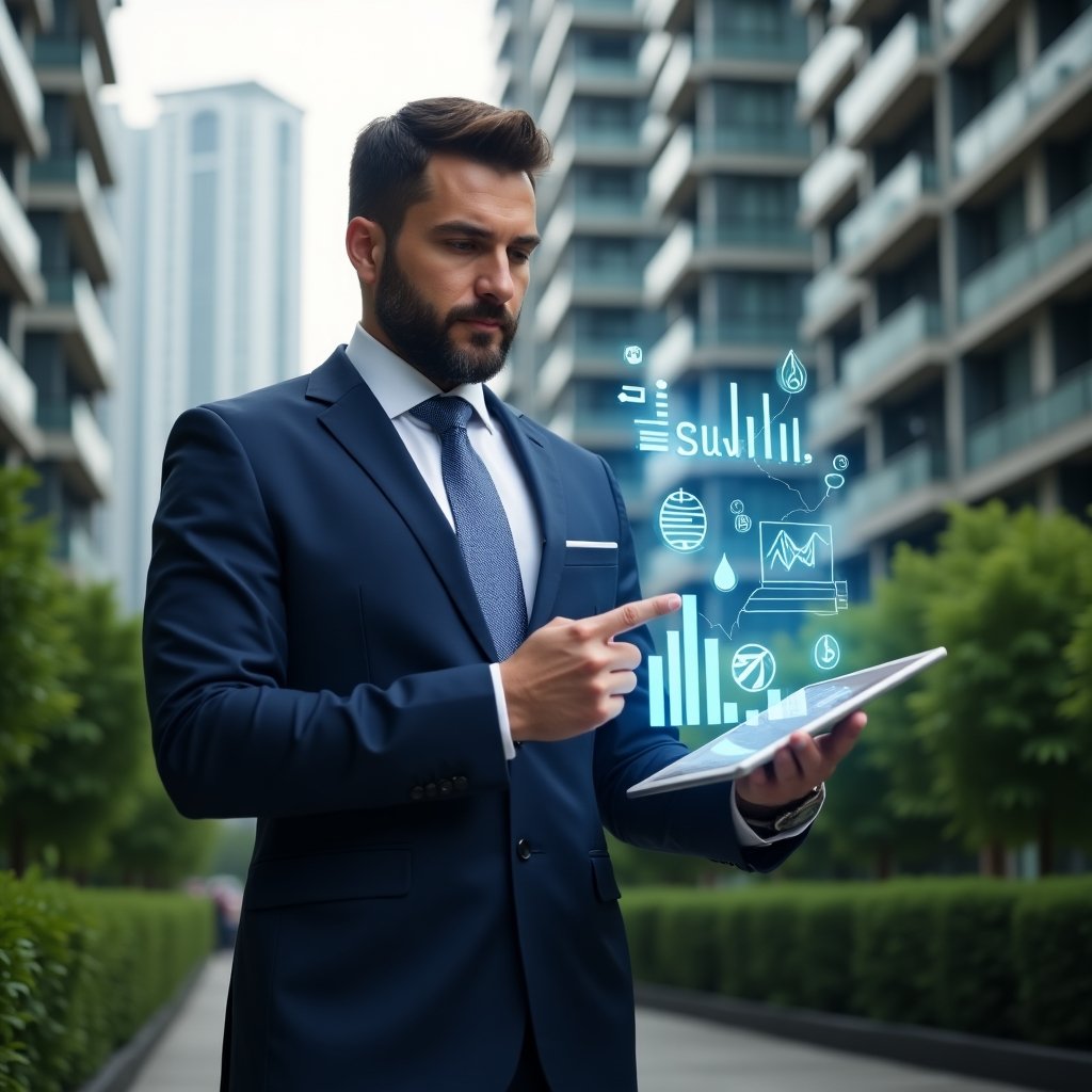 Ultra-realistic condominium manager in a navy business suit, set in a modern luxury condominium environment with high-rise buildings and lush green landscaping, mid shot of a confident professional holding a digital tablet and pointing at floating holographic icons of energy savings, water droplets and financial charts symbolizing cost-cutting strategies, cinematic lighting, shallow depth of field, highly detailed textures, realistic skin, photographic realism, 8k resolution --ar 1:1 --v 6