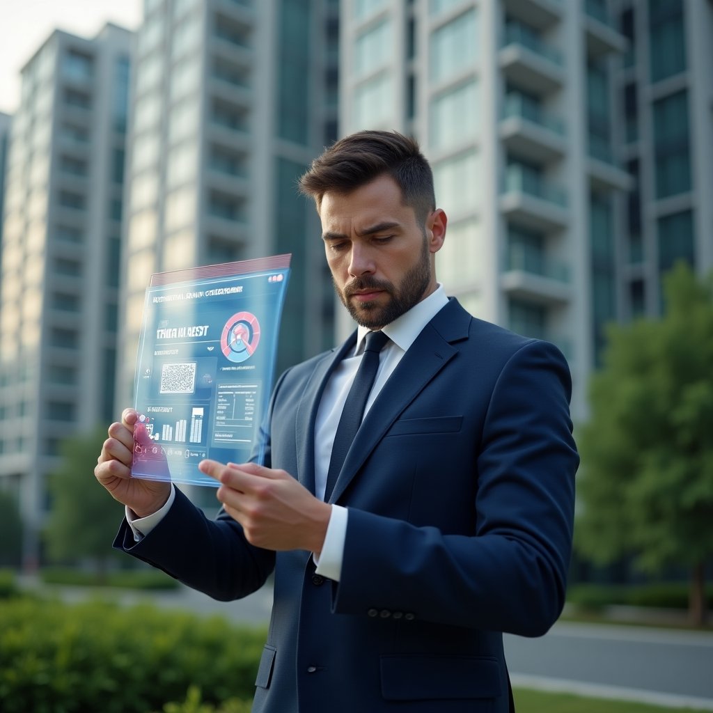 (Ultra-realistic condominium manager in a navy blue suit, set in a modern luxury condominium environment with high-rise buildings and lush green landscaping, mid-shot of the manager examining a floating holographic checklist of critical errors with red warning icons and budget charts, serious and determined expression, cinematic lighting, shallow depth of field, highly detailed textures, realistic skin, photographic realism, 8k resolution --ar 1:1 --v 6)