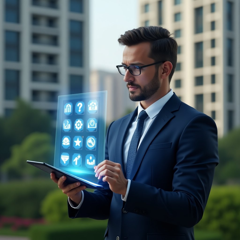 Ultra-realistic condominium manager in a tailored navy executive suit, set in a modern luxury condominium environment with high-rise buildings and lush green landscaping, holding a digital tablet displaying seven holographic icons symbolizing common management pitfalls, analyzing the data with a confident and thoughtful expression, cinematic lighting, shallow depth of field, highly detailed textures, realistic skin, photographic realism, 8k resolution --ar 1:1 --v 6