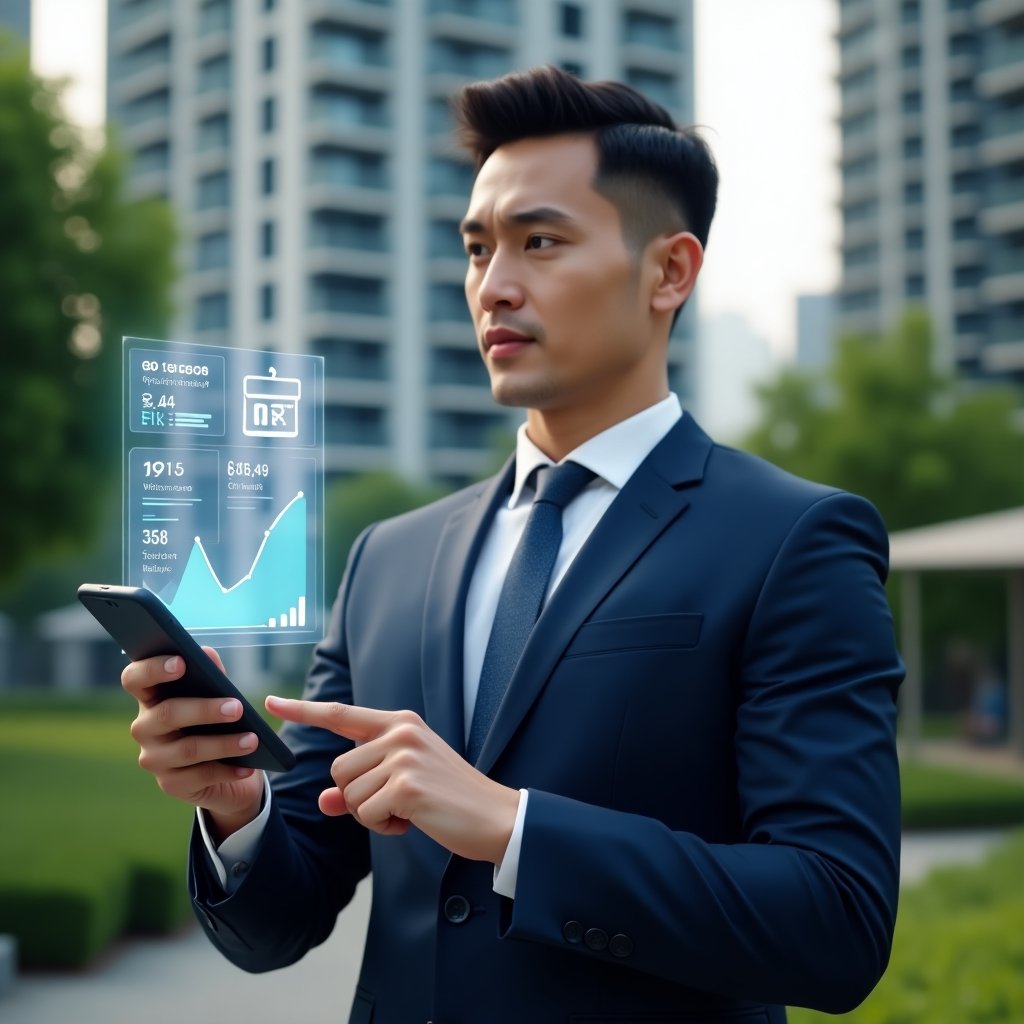 (Ultra-realistic condominium manager in a tailored navy blue suit, set in a modern luxury condominium environment with high-rise buildings and well-manicured green landscaping, medium close-up of a confident professional tapping on a floating holographic smartphone interface displaying apartment notifications, calendar alerts and analytics graphs symbolizing an urgent management app, cinematic lighting, shallow depth of field, highly detailed textures, realistic skin, photographic realism, 8k resolution --ar 1:1 --v 6)