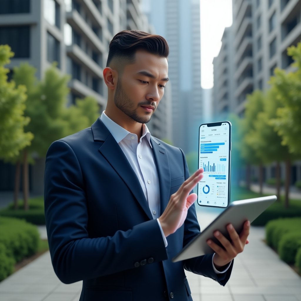 (Ultra-realistic condominium manager in a navy blue suit, set in a modern luxury condominium environment with high-rise buildings and lush green landscaping, holding a digital tablet and gesturing toward a floating smartphone hologram displaying an app dashboard and security charts, confident and focused expression, cinematic lighting, shallow depth of field, highly detailed textures, realistic skin, photographic realism, 8k resolution --ar 1:1 --v 6)