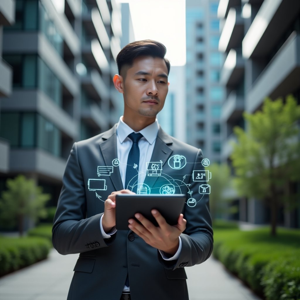 (Ultra-realistic professional condominium manager in a tailored slate grey suit, set in a modern luxury condominium environment with high-rise buildings and well-manicured green landscaping, holding a tablet with floating holographic icons of a condominium management app—financial graphs, secure access locks and chat bubbles—analyzing data thoughtfully with a confident expression, cinematic lighting, shallow depth of field, highly detailed textures, realistic skin, photographic realism, 8k resolution --ar 1:1 --v 6)
