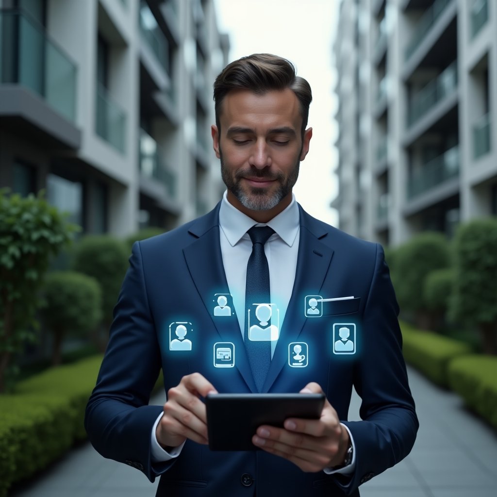 Ultra-realistic condominium manager in a dark blue suit, set in a modern luxury condominium environment with high-rise buildings and well-manicured greenery, holding a tablet and interacting with a holographic digital interface of a condominium management app, floating icons of schedules, finances and visitor passes around them, confident and focused expression, cinematic lighting, shallow depth of field, highly detailed textures, realistic skin, photographic realism, 8k resolution --ar 1:1 --v 6
