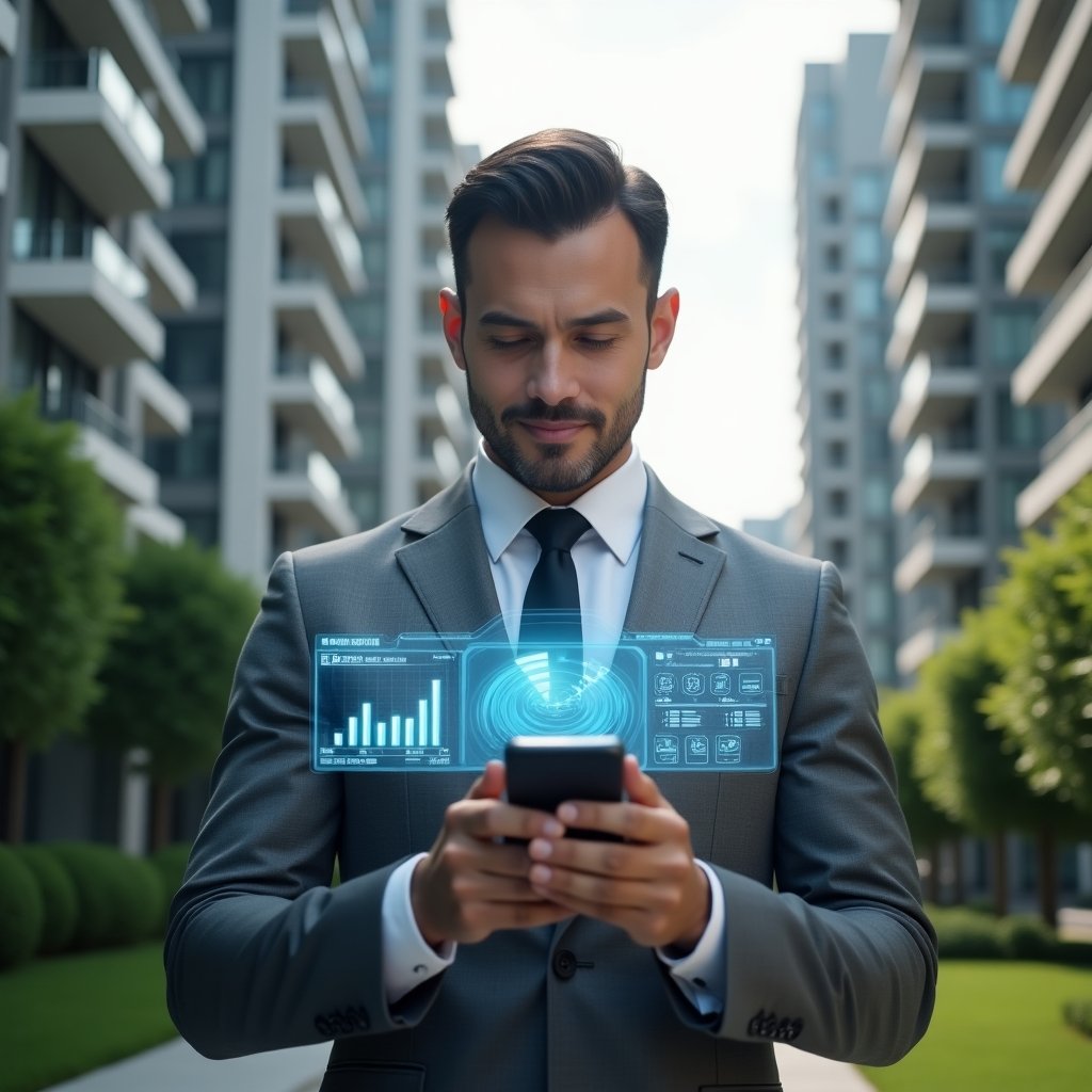 Ultra-realistic condominium property manager in a tailored gray suit, set in a modern luxury condominium environment with high-rise buildings and well-manicured green landscaping, holding a smartphone projecting a holographic dashboard of a management app displaying graphs, alerts and communication icons, confident and analytical expression, cinematic lighting, shallow depth of field, highly detailed textures, realistic skin, photographic realism, 8k resolution --ar 1:1 --v 6