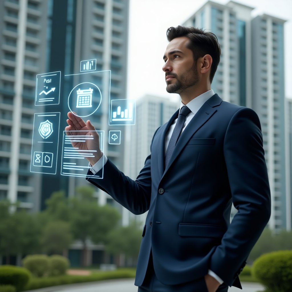 (Ultra-realistic condominium manager in a tailored navy blue suit, set in a modern luxury condominium environment with high-rise buildings and green landscaping, interacting with a holographic dashboard interface with floating icons of calendar, chat bubble, checklist, and finance graph, with a confident and focused expression, cinematic lighting, shallow depth of field, highly detailed textures, realistic skin, photographic realism, 8k resolution --ar 1:1 --v 6)