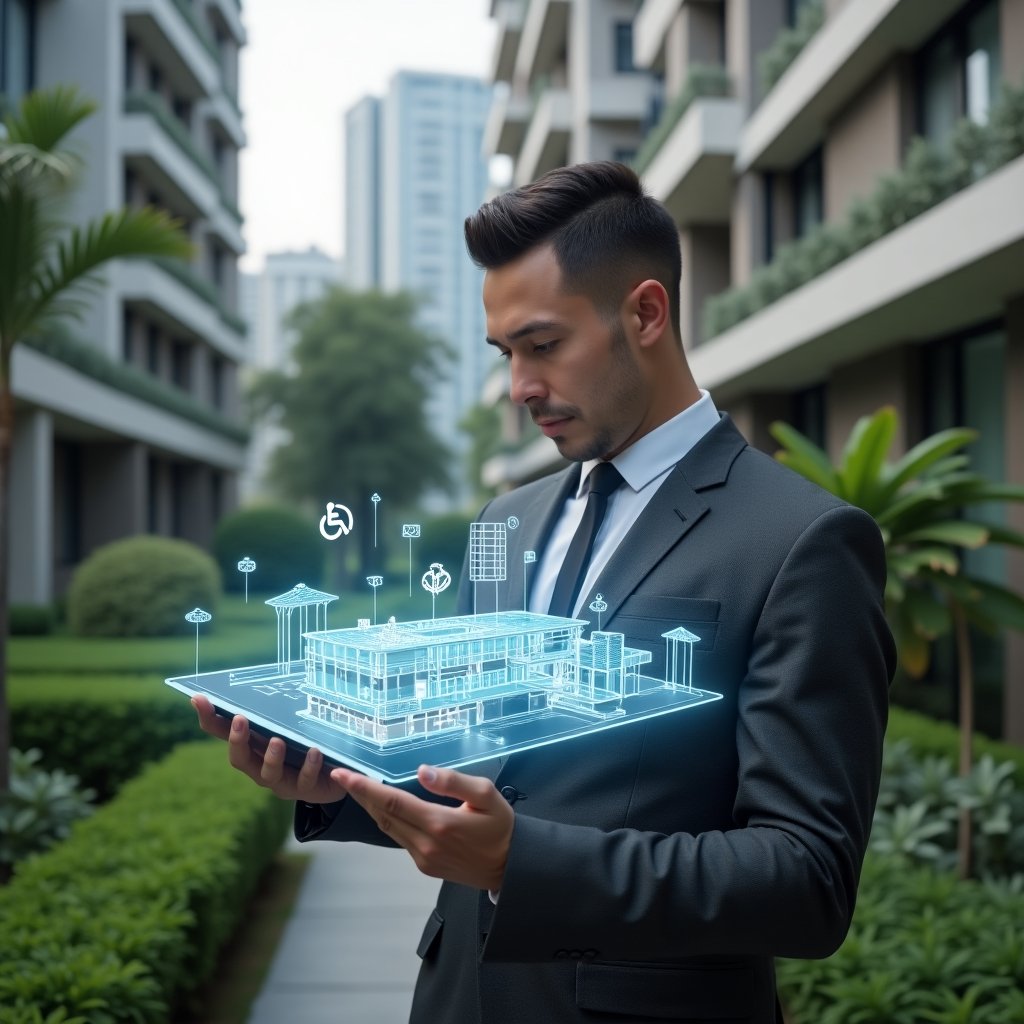 (Ultra-realistic property manager in a charcoal gray suit, set in a modern luxury condominium environment with high-rise buildings and lush green landscaping, studying a holographic 3D building layout with wheelchair ramp highlights on a digital tablet, floating accessibility icons, confident and thoughtful expression, cinematic lighting, shallow depth of field, highly detailed textures, realistic skin, photographic realism, 8k resolution --ar 1:1 --v 6)