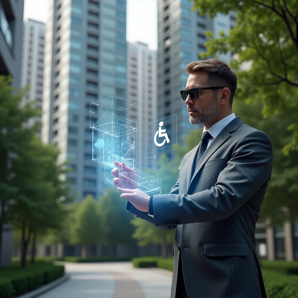 (Ultra-realistic condominium manager in a sleek gray suit, set in a modern luxury condominium environment with high-rise buildings and lush green landscaping, examining a holographic blueprint of an accessible ramp while pointing confidently, floating wheelchair accessibility icon and braille signage holograms beside them, cinematic lighting, shallow depth of field, highly detailed textures, realistic skin, photographic realism, 8k resolution --ar 1:1 --v 6)