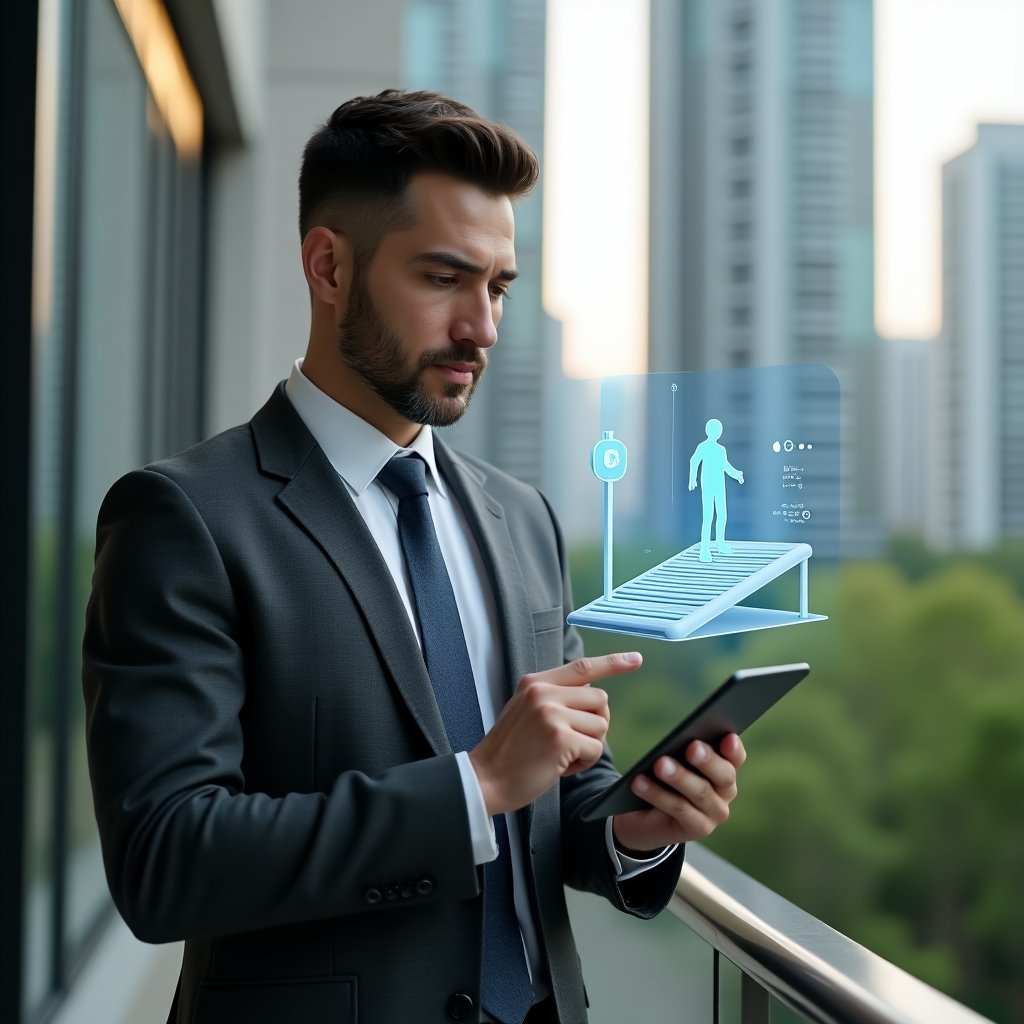 (Ultra-realistic condominium manager in a dark gray tailored suit, set in a modern luxury condominium environment with high-rise buildings and lush green landscaping, examining a digital tablet displaying an accessibility management app, pointing at a holographic wheelchair ramp and braille sign icon floating beside him, conveying confidence and inclusivity, cinematic lighting, shallow depth of field, highly detailed textures, realistic skin, photographic realism, 8k resolution --ar 1:1 --v 6)