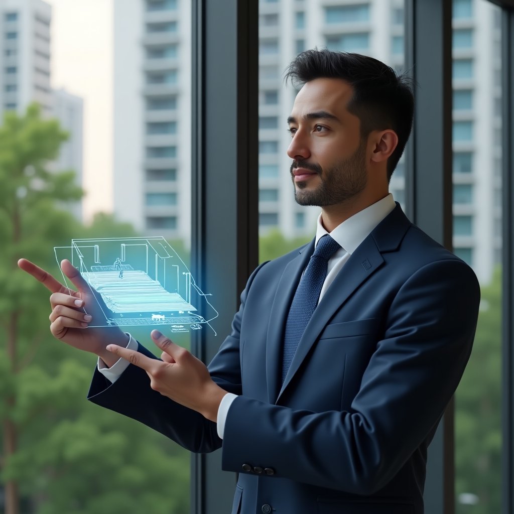 (Ultra-realistic condominium manager in a navy blue suit, set in a modern luxury condominium environment with high-rise buildings and lush green landscaping, pointing at a holographic model of an accessible ramp and tactile floor indicators, confident and thoughtful expression, cinematic lighting, shallow depth of field, highly detailed textures, realistic skin, photographic realism, 8k resolution --ar 1:1 --v 6)