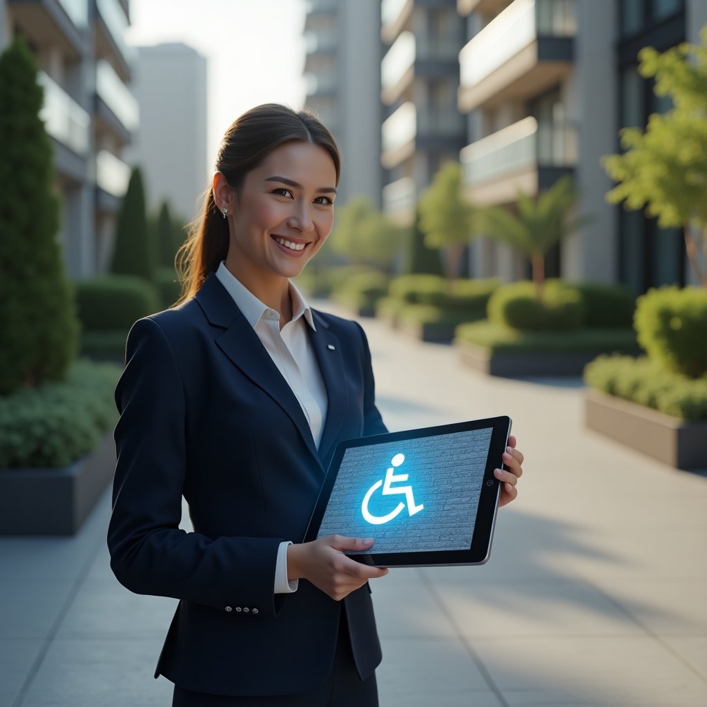 Ultra-realistic female property manager in a tailored navy suit, set in a modern luxury condominium environment with high-rise buildings and lush green landscaping, medium shot of her holding a tablet displaying a holographic wheelchair accessibility symbol and tactile floor tile layout, smiling confidently and gesturing toward an accessible ramp, cinematic lighting, shallow depth of field, highly detailed textures, realistic skin, photographic realism, 8k resolution --ar 1:1 --v 6