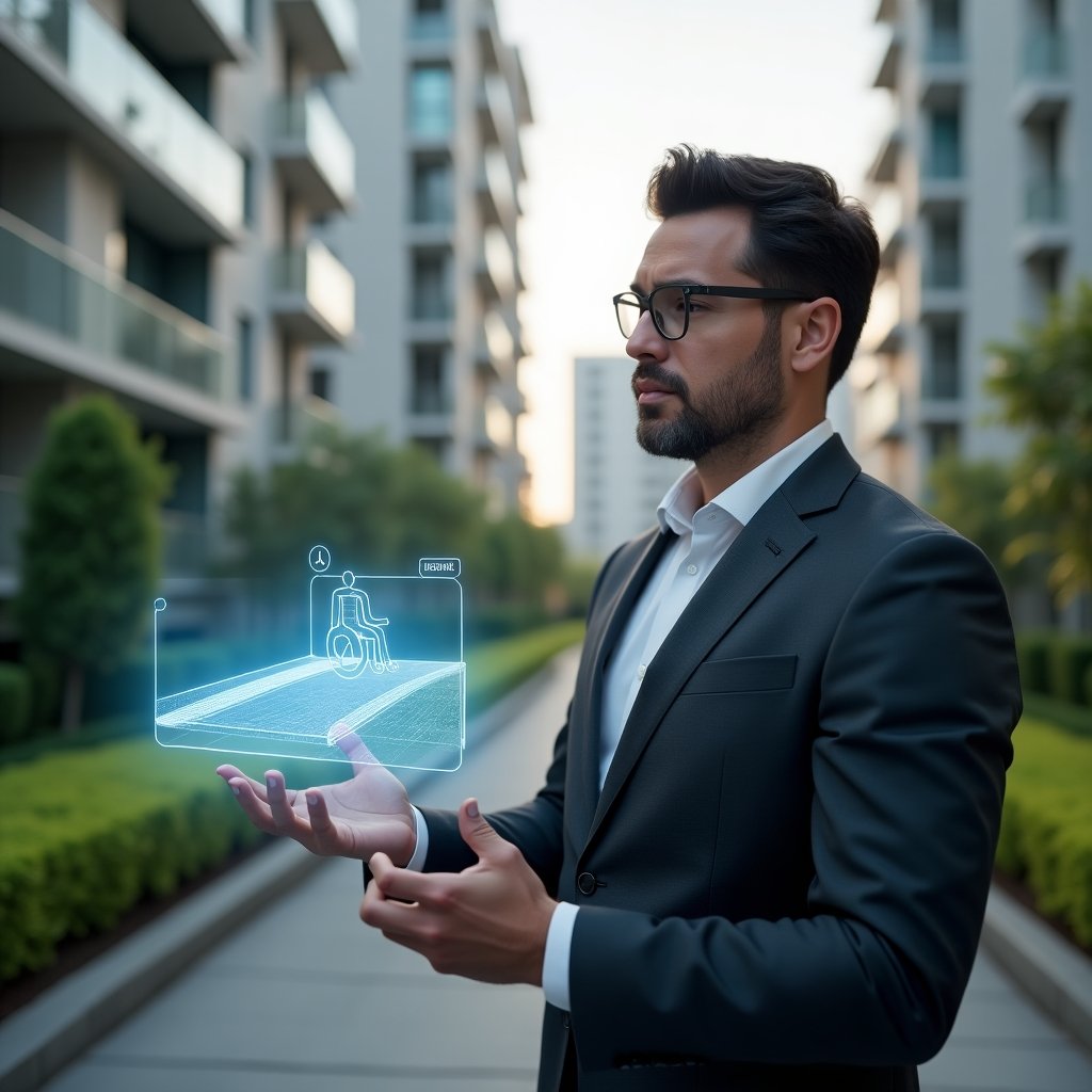 (Ultra-realistic condominium manager in a dark gray modern suit, set in a modern luxury condominium environment with high-rise buildings and lush green landscaping, analyzing a digital blueprint of an accessible ramp on a floating transparent holographic interface with a universal accessibility icon, thoughtful and confident expression, cinematic lighting, shallow depth of field, highly detailed textures, realistic skin, photographic realism, 8k resolution --ar 1:1 --v 6)