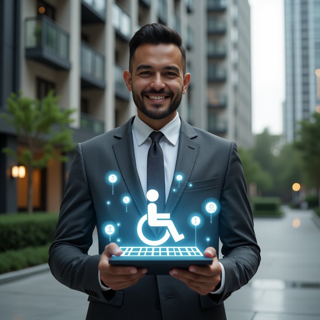 (Ultra-realistic condominium manager mid-shot in a charcoal grey tailored suit, set in a modern luxury condominium environment with high-rise buildings and manicured greenery, holding a digital tablet projecting a holographic wheelchair ramp design and floating accessibility icons, expression confident and welcoming, cinematic lighting, shallow depth of field, highly detailed textures, realistic skin, photographic realism, 8k resolution --ar 1:1 --v 6)