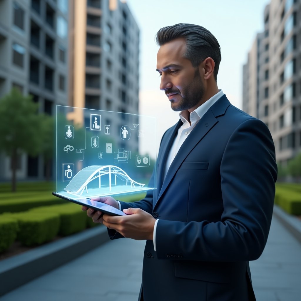 (Ultra-realistic condominium manager in a tailored navy-blue suit, set in a modern luxury condominium environment with high-rise buildings and manicured green landscaping, close-up medium shot of the manager confidently reviewing a digital tablet projecting holographic accessibility icons and a 3D ramp model, cinematic lighting, shallow depth of field, highly detailed textures, realistic skin, photographic realism, 8k resolution --ar 1:1 --v 6)