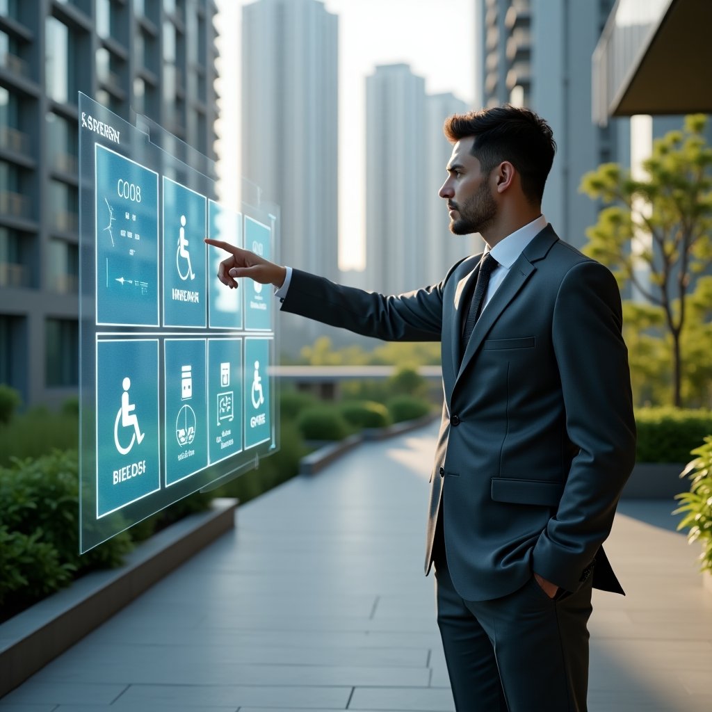 (Ultra-realistic condominium manager in a charcoal grey suit, set in a modern luxury condominium environment with high-rise buildings and lush green landscaping, interacting with a holographic display of accessibility ramps, tactile floor patterns and wheelchair icons, pointing confidently at braille signage symbols, cinematic lighting, shallow depth of field, highly detailed textures, realistic skin, photographic realism, 8k resolution --ar 1:1 --v 6)