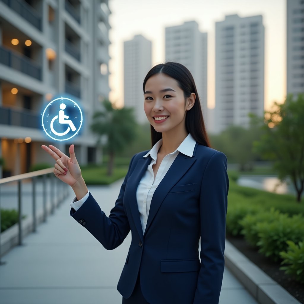 (Ultra-realistic female condominium manager in a navy blue suit, medium shot, set in a modern luxury condominium environment with high-rise buildings and lush green landscaping, smiling confidently while pointing at an accessible ramp, holographic wheelchair accessibility icon floating nearby, cinematic lighting, shallow depth of field, highly detailed textures, realistic skin, photographic realism, 8k resolution --ar 1:1 --v 6)