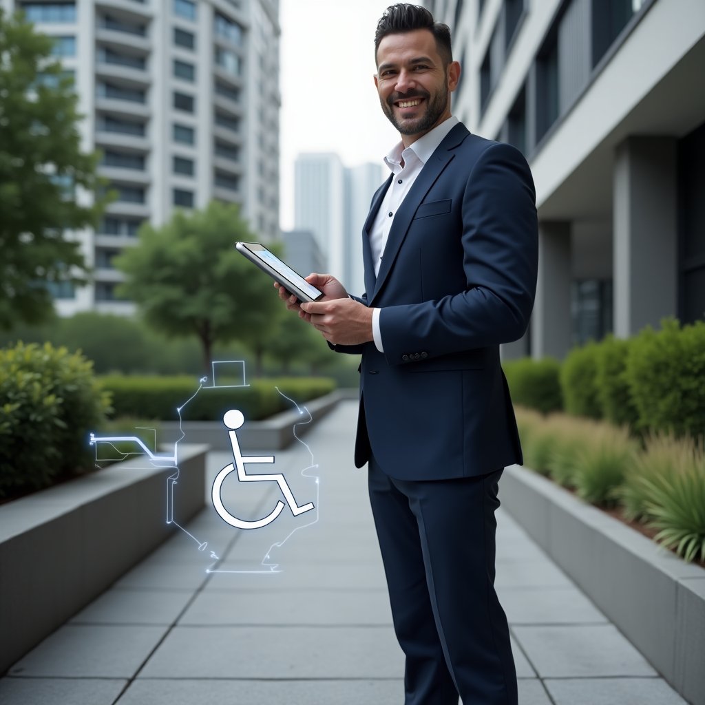 Ultra-realistic condominium manager in a navy blue suit, set in a modern luxury condominium environment with high-rise buildings and well-maintained green landscaping, confidently standing beside an accessible ramp while holding a tablet displaying an accessibility app interface, holographic wheelchair accessibility icon hovering beside the ramp, cinematic lighting, shallow depth of field, highly detailed textures, realistic skin, photographic realism, 8k resolution --ar 1:1 --v 6