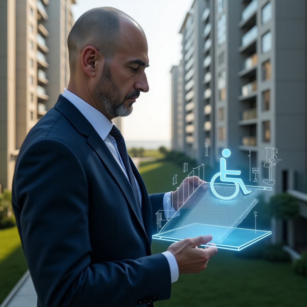 (Ultra-realistic condominium manager in a tailored navy suit, set in a modern luxury condominium environment with high-rise buildings and lush green landscaping, examining a holographic blueprint of an accessibility ramp and floating wheelchair symbol, thoughtful and confident expression, cinematic lighting, shallow depth of field, highly detailed textures, realistic skin, photographic realism, 8k resolution --ar 1:1 --v 6)