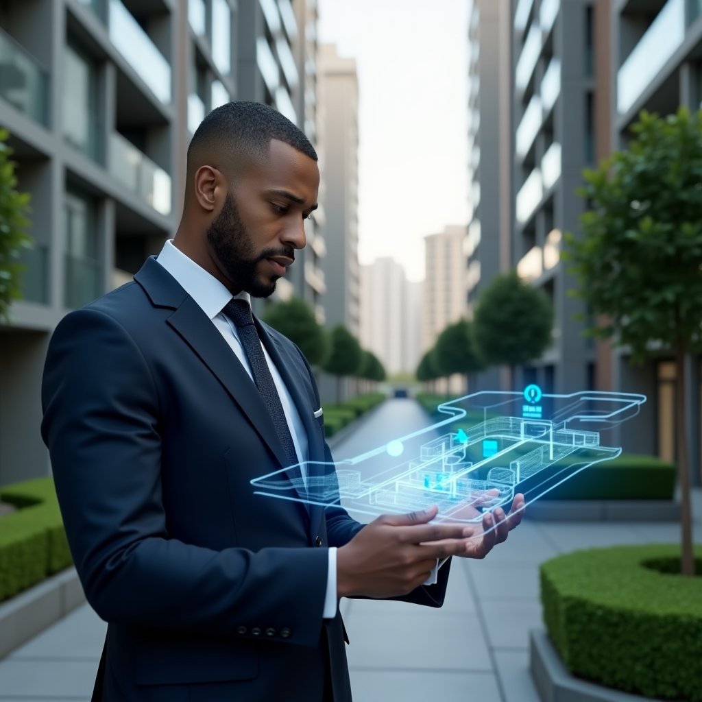 (Ultra-realistic condominium manager in a tailored navy suit, set in a modern luxury condominium environment with high-rise buildings and well-manicured green landscaping, medium shot of them reviewing an interactive holographic blueprint of accessible ramps and tactile signage, confident and focused expression, cinematic lighting, shallow depth of field, highly detailed textures, realistic skin, photographic realism, 8k resolution --ar 1:1 --v 6)