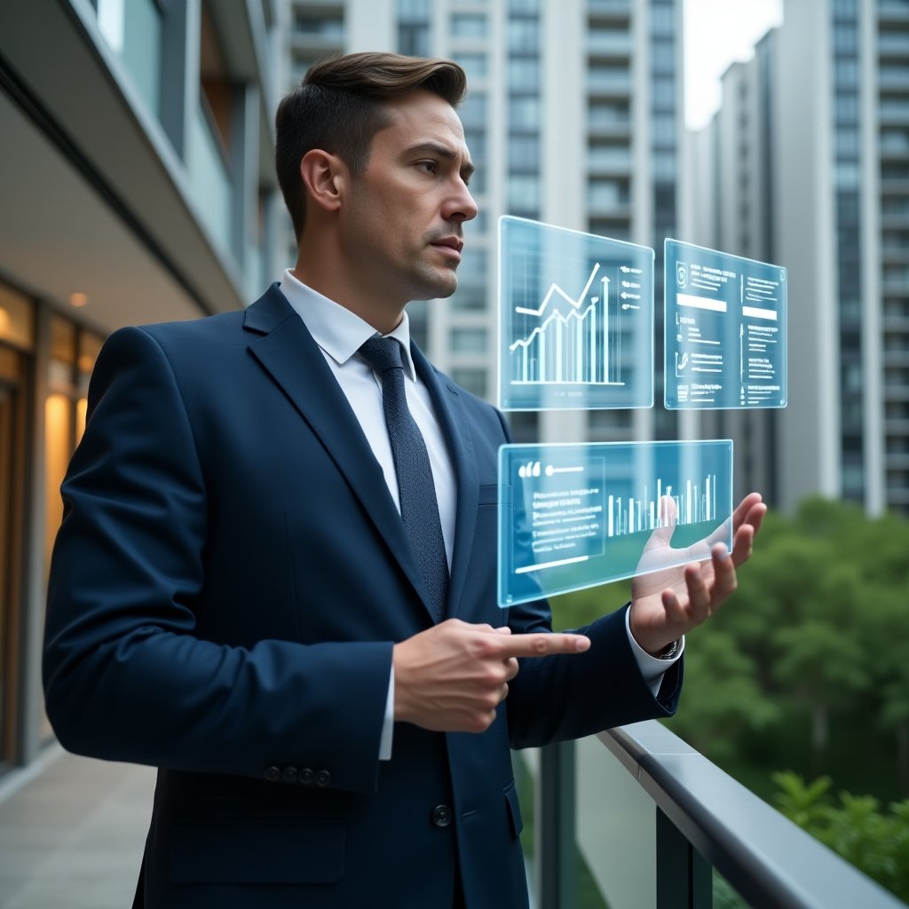 (Ultra-realistic condominium manager in a tailored navy blue suit, set in a modern luxury condominium environment with high-rise buildings and well-maintained greenery, medium shot interacting with a floating holographic dashboard displaying financial charts, chat bubbles and task lists, futuristic holographic icons of a calendar and checkmarks hovering around, confident and focused expression, cinematic lighting, shallow depth of field, highly detailed textures, realistic skin, photographic realism, 8k resolution --ar 1:1 --v 6)