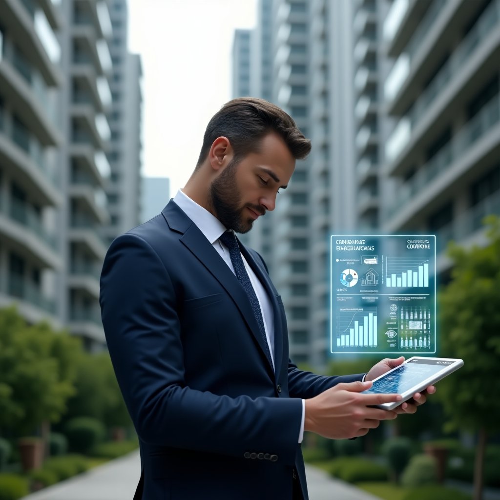 (Ultra-realistic condominium manager in a tailored navy suit, medium shot, set in a modern luxury condominium environment with high-rise buildings and lush green landscaping, confidently examining a digital tablet displaying condo financial charts, with a holographic aplicativo para condomínio interface floating beside him, cinematic lighting, shallow depth of field, highly detailed textures, realistic skin, photographic realism, 8k resolution --ar 1:1 --v 6)