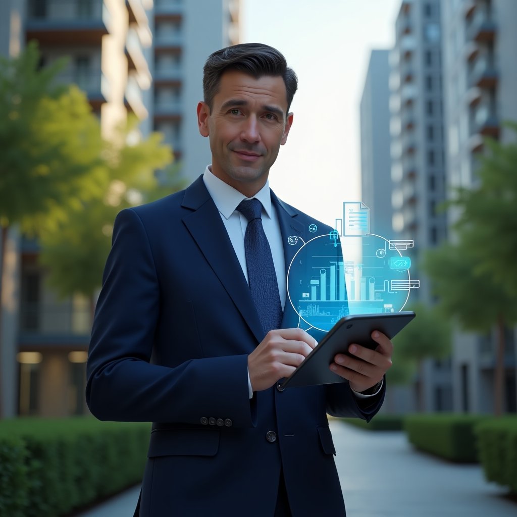 Ultra-realistic condominium manager in a navy blue suit, set in a modern luxury condominium environment with high-rise buildings and green landscaping, holding a tablet displaying a holographic interface with financial charts and chat icons representing optimized communication, confident and focused expression, cinematic lighting, shallow depth of field, highly detailed textures, realistic skin, photographic realism, 8k resolution --ar 1:1 --v 6
