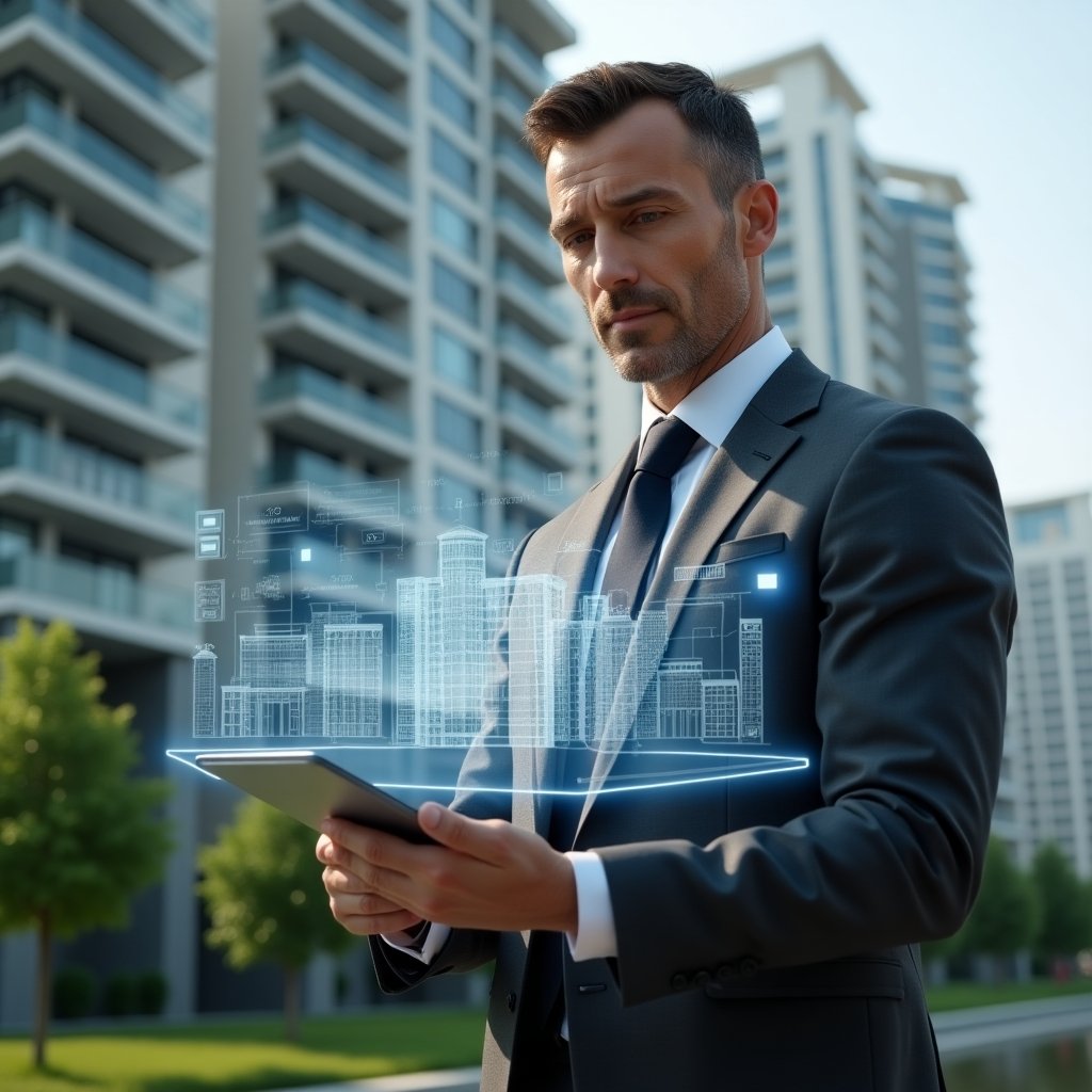 (Ultra-realistic property manager in a charcoal gray executive suit, mid shot set in a modern luxury condominium environment with high-rise buildings and lush green landscaping, holding a digital tablet and examining a holographic building model overlaid with maintenance checklists and workflow icons, confident and focused expression, cinematic lighting, shallow depth of field, highly detailed textures, realistic skin, photographic realism, 8k resolution --ar 1:1 --v 6)
