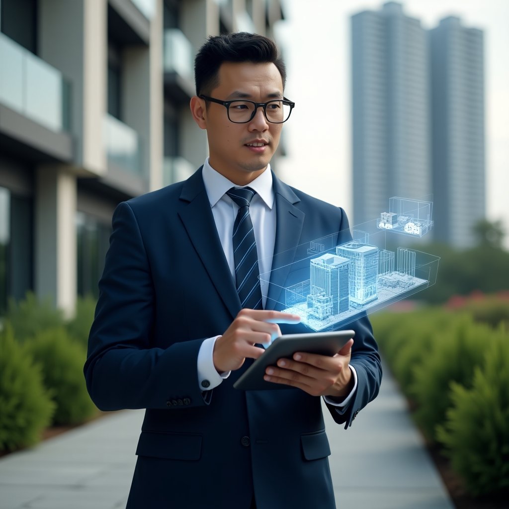 Ultra-realistic property manager in a navy blue tailored suit, set in a modern luxury condominium environment with high-rise buildings and manicured green landscaping, holding a digital tablet displaying a holographic building blueprint and cost-optimization charts, pointing at the interface with a confident, focused expression, cinematic lighting, shallow depth of field, highly detailed textures, realistic skin, photographic realism, 8k resolution --ar 1:1 --v 6