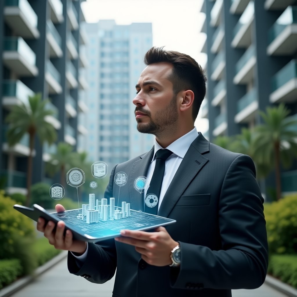 Ultra-realistic condominium manager in a dark gray tailored suit, set in a modern luxury condominium environment with high-rise buildings and green landscaping, holding a digital tablet displaying a holographic building plan, confident and thoughtful expression, surrounded by floating icons of charts and gears symbolizing strategic planning and preventive maintenance, cinematic lighting, shallow depth of field, highly detailed textures, realistic skin, photographic realism, 8k resolution --ar 1:1 --v 6