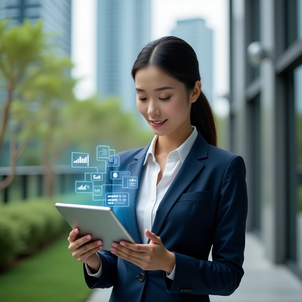 Ultra-realistic female condominium manager in a sleek navy blue tailored suit, set in a modern luxury condominium environment with high-rise buildings and lush green landscaping, mid-shot holding a tablet projecting a holographic condominium management interface with floating financial charts, message bubbles and calendar icons, confident and focused expression, cinematic lighting, shallow depth of field, highly detailed textures, realistic skin, photographic realism, 8k resolution --ar 1:1 --v 6