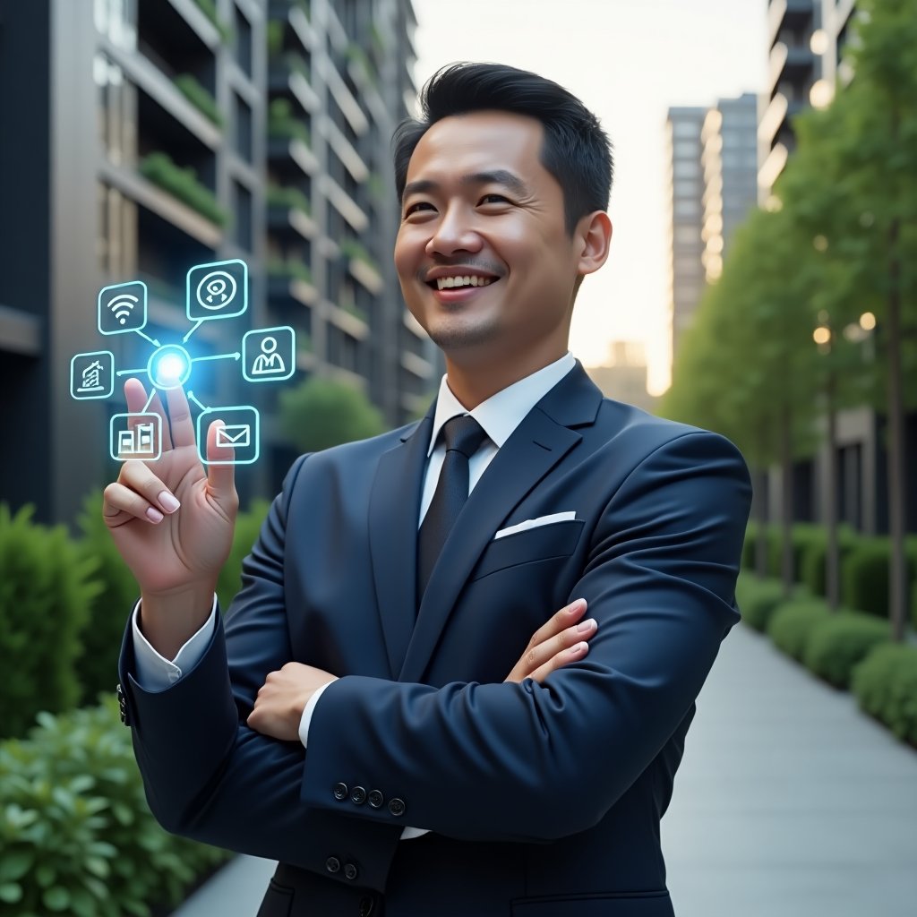 Ultra-realistic condominium manager in a navy business suit, set in a modern luxury condominium environment with high-rise buildings and manicured green landscaping, interacting with a holographic app interface displaying process optimization and communication icons, confidently smiling, cinematic lighting, shallow depth of field, highly detailed textures, realistic skin, photographic realism, 8k resolution --ar 1:1 --v 6
