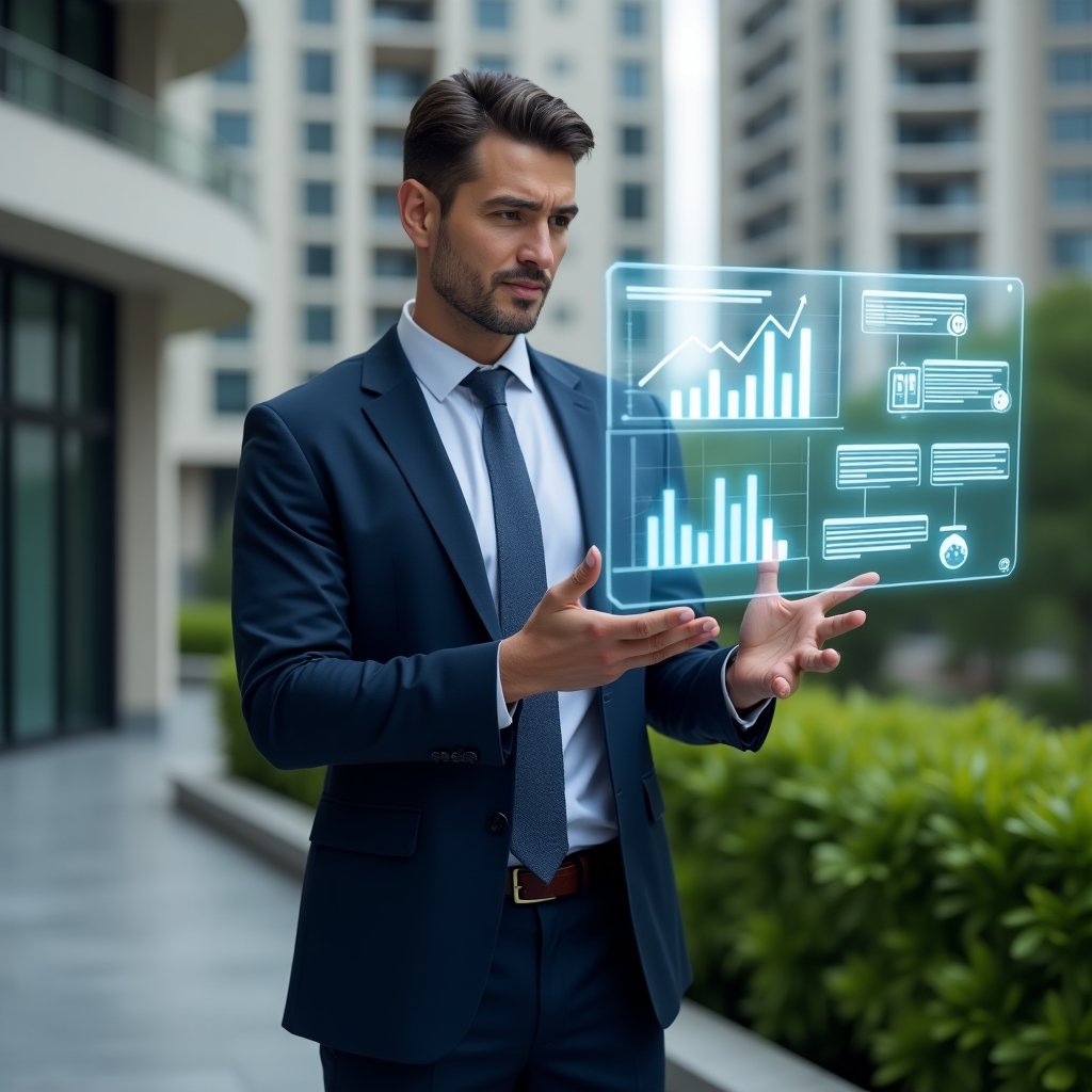 (Ultra-realistic condominium manager in a tailored navy suit, set in a modern luxury condominium environment with high-rise buildings and lush green landscaping, mid-shot of the manager interacting with a floating holographic dashboard displaying financial charts, chat bubbles and task lists symbolizing the condominium management app, expression confident and focused, cinematic lighting, shallow depth of field, highly detailed textures, realistic skin, photographic realism, 8k resolution --ar 1:1 --v 6)