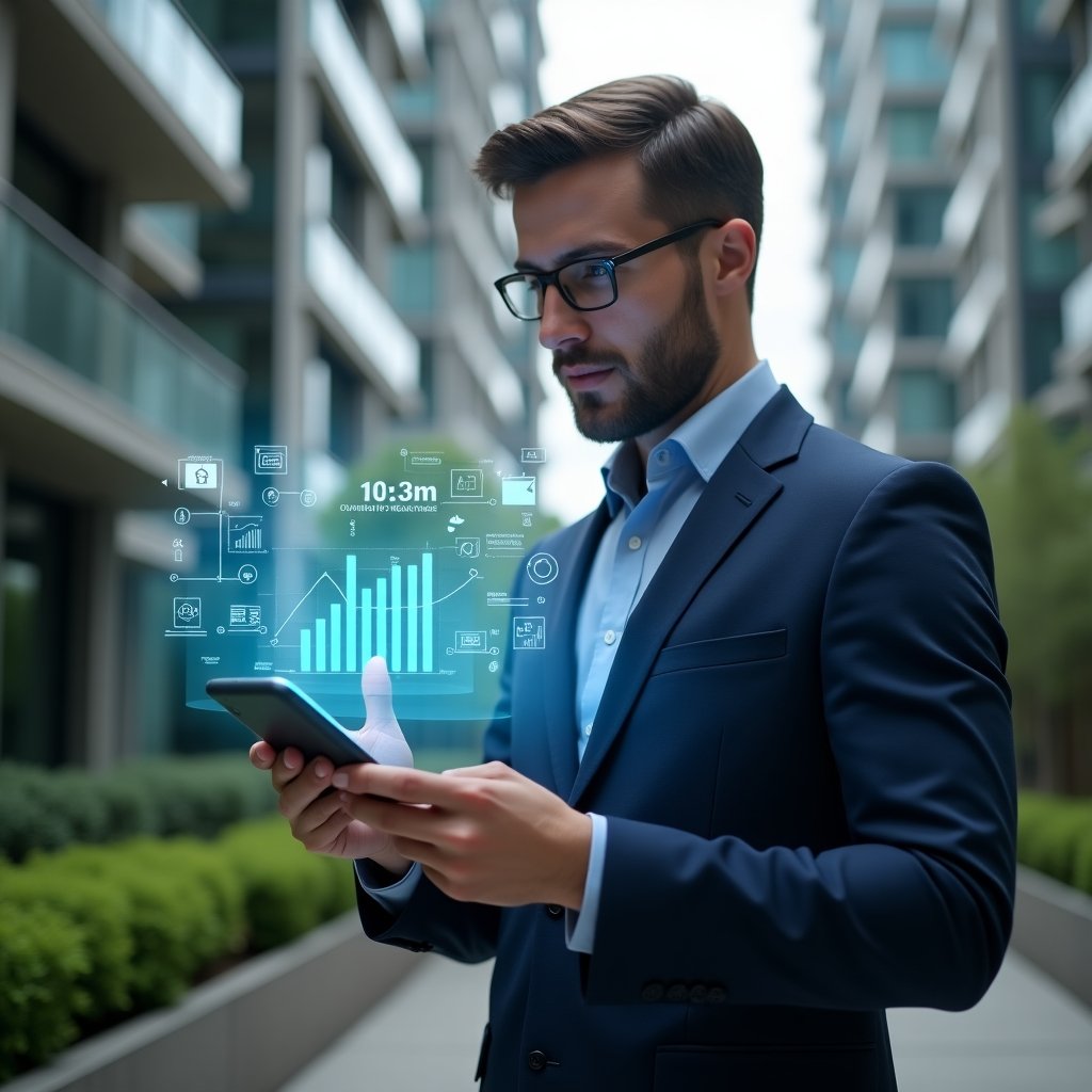 (Ultra-realistic condominium manager in a navy blue business suit, set in a modern luxury condominium environment with high-rise buildings and lush green landscaping, confidently reviewing a holographic digital dashboard projected from a smartphone with financial charts and communication icons, subtle holographic icons of calendars and chat bubbles floating around, cinematic lighting, shallow depth of field, highly detailed textures, realistic skin, photographic realism, 8k resolution --ar 1:1 --v 6)
