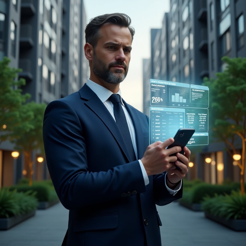 (Ultra-realistic condominium manager in a tailored navy-blue suit, set in a modern luxury condominium environment with high-rise buildings and lush green landscaping, holding a smartphone that projects a holographic dashboard showing finance charts, reservation calendars and maintenance alerts, confident and focused expression, cinematic lighting, shallow depth of field, highly detailed textures, realistic skin, photographic realism, 8k resolution --ar 1:1 --v 6)