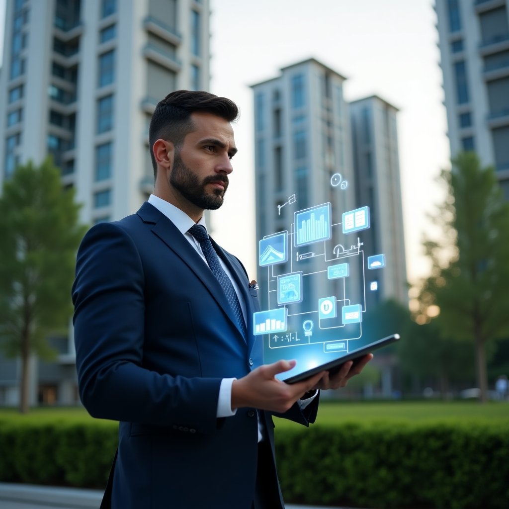Ultra-realistic condominium manager in a dark blue suit, set in a modern luxury condominium environment with high-rise buildings and well-kept green landscaping, medium shot of a confident professional holding a transparent tablet displaying a holographic condominium management app interface with floating icons of charts, chat bubbles and cost-saving symbols, cinematic lighting, shallow depth of field, highly detailed textures, realistic skin, photographic realism, 8k resolution --ar 1:1 --v 6