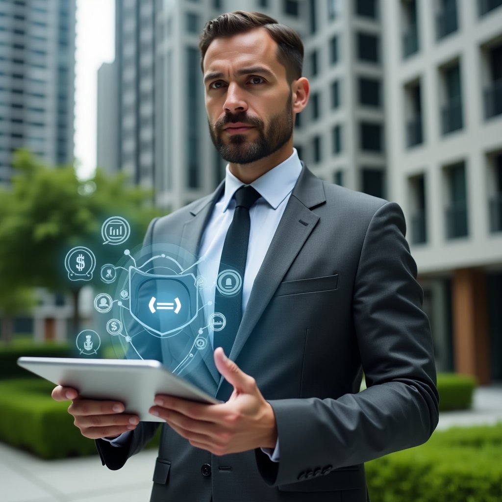 (Ultra-realistic condominium manager in a sleek charcoal gray suit, set in a modern luxury condominium environment with high-rise buildings and manicured green landscaping, medium shot holding a tablet displaying a holographic management app interface, confident and focused expression, floating icons of chat bubbles, financial charts and a security shield around the device, cinematic lighting, shallow depth of field, highly detailed textures, realistic skin, photographic realism, 8k resolution --ar 1:1 --v 6)