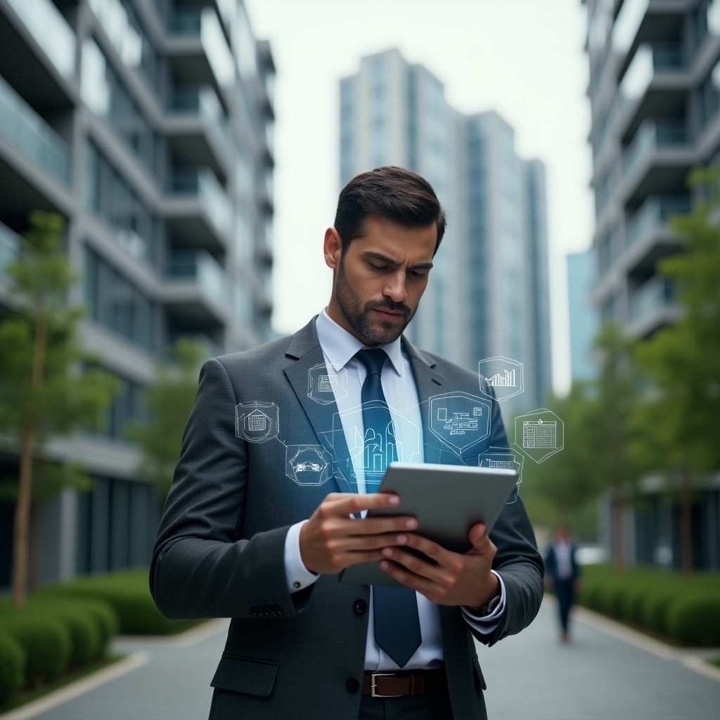 (Ultra-realistic property manager in a charcoal gray suit, set in a modern luxury condominium environment with high-rise buildings and well-manicured green landscaping, holding a tablet projecting floating holographic icons of financial charts, reservation calendars and communication bubbles, analyzing data with a confident, focused expression, cinematic lighting, shallow depth of field, highly detailed textures, realistic skin, photographic realism, 8k resolution --ar 1:1 --v 6)