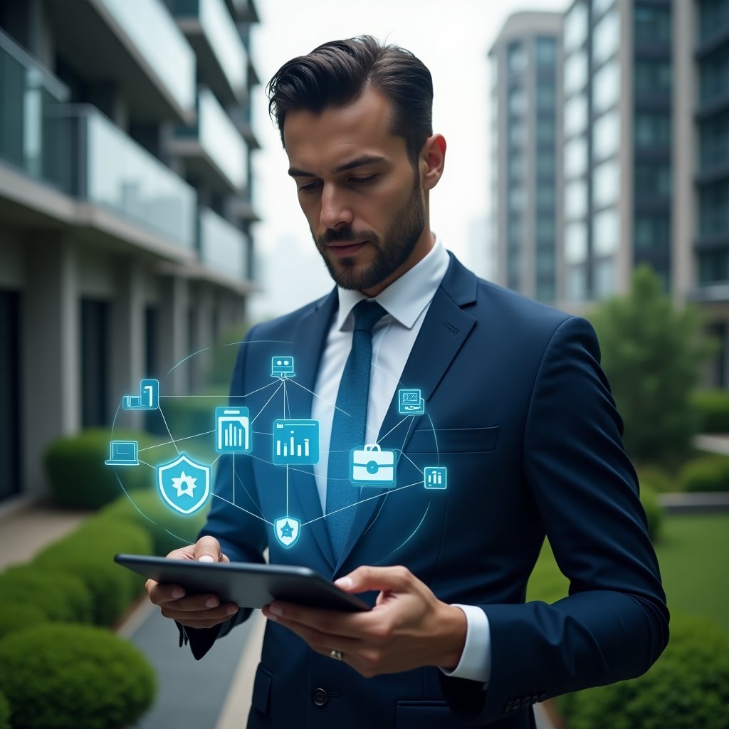 Ultra-realistic condominium manager in a navy blue business suit, set in a modern luxury condominium environment with high-rise buildings and well-manicured green landscaping, holding a tablet displaying holographic icons of financial charts, chat bubbles, reservation calendar and security shield to represent an innovative condo management app, analyzing data with a confident, focused expression, cinematic lighting, shallow depth of field, highly detailed textures, realistic skin, photographic realism, 8k resolution --ar 1:1 --v 6