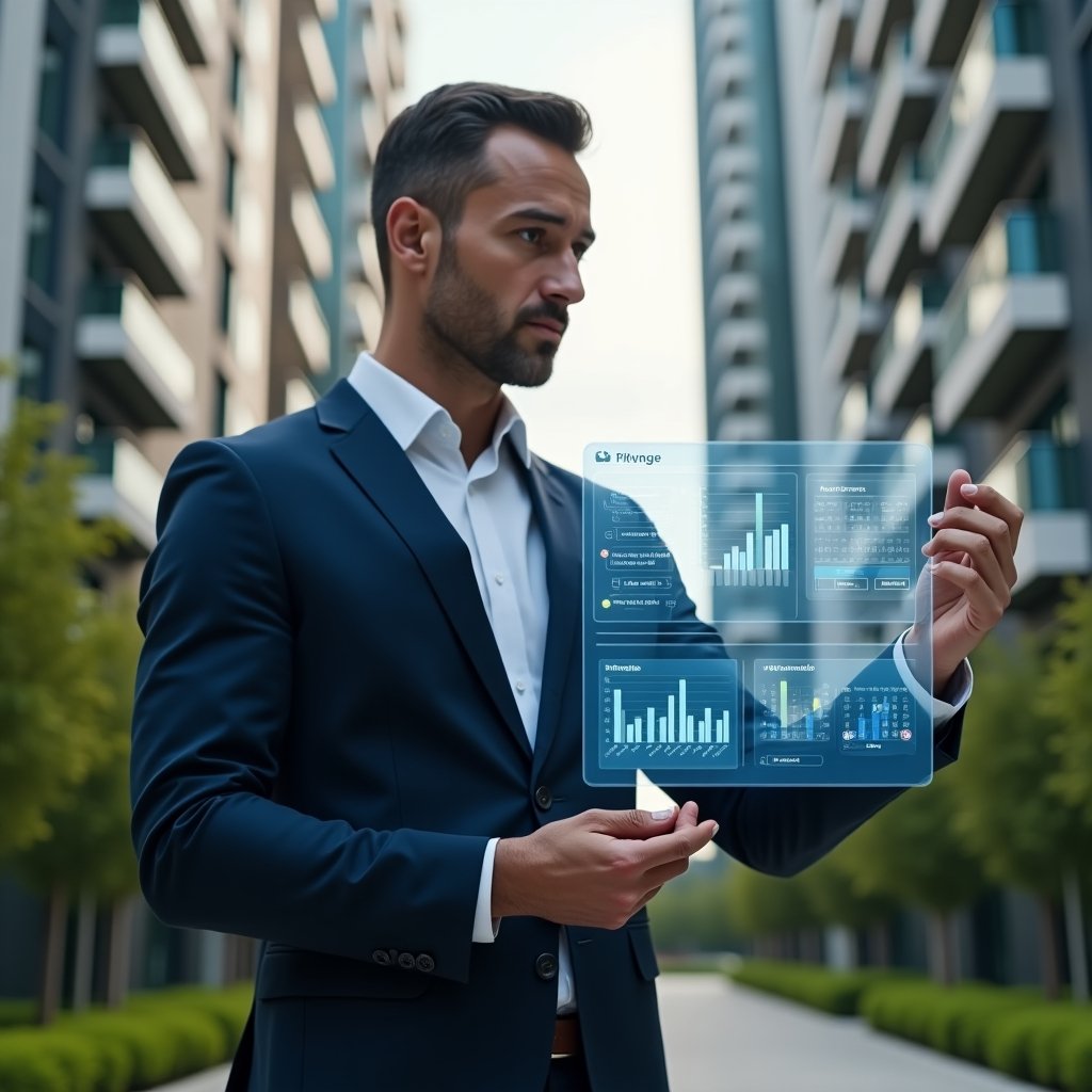 (Ultra-realistic condominium manager in a tailored navy suit, set in a modern luxury condominium environment with high-rise buildings and manicured green landscaping, interacting with a holographic interface of a condominium management app showing financial charts, reservation calendars and chat bubbles, confident and visionary expression, cinematic lighting, shallow depth of field, highly detailed textures, realistic skin, photographic realism, 8k resolution --ar 1:1 --v 6)