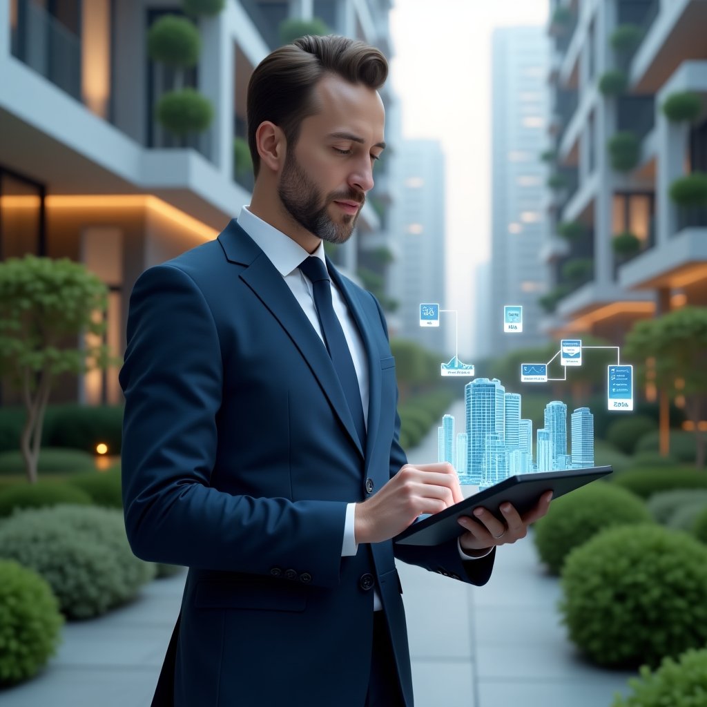 (Ultra-realistic condominium manager in a tailored navy blue suit, set in a modern luxury condominium environment with high-rise buildings and lush green landscaping, confidently interacting with a tablet displaying a holographic condo management dashboard, holographic icons of analytics and building models floating around, cinematic lighting, shallow depth of field, highly detailed textures, realistic skin, photographic realism, 8k resolution --ar 1:1 --v 6)